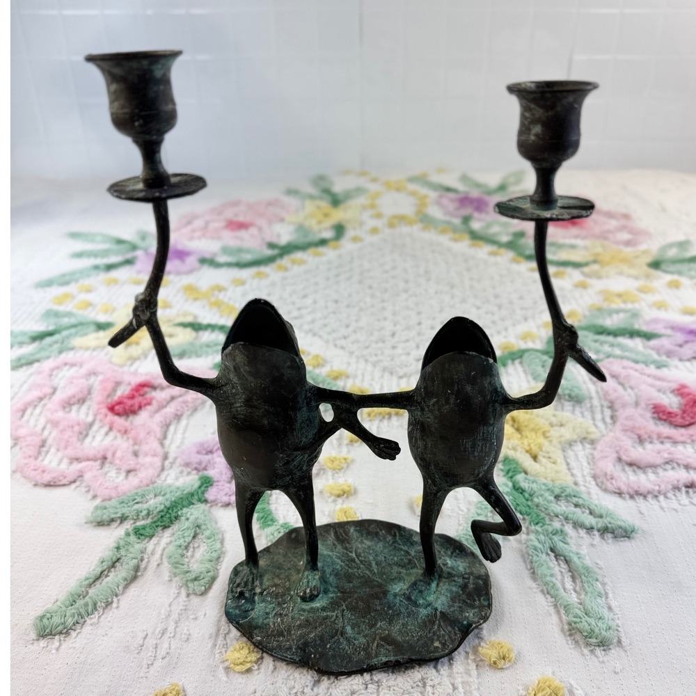 Vintage Verdigris Bronze Frog Candelabra Dancing Frogs Candle Holder Korea